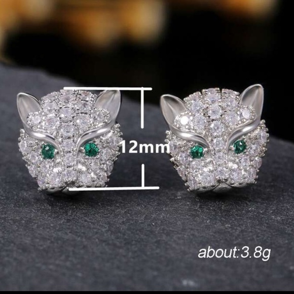 Leopard Cat Panther Head, Green Eyes, Crystal, Cubic Zirconia Stud Earrings - Picture 5 of 7